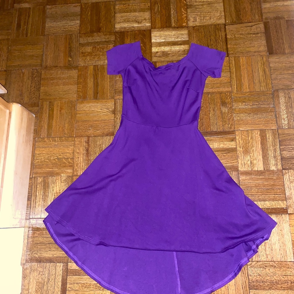 off the shoulder, short-sleeved and is a High-Low skater cocktail dress